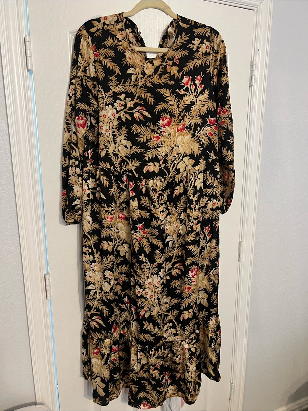 H&M Holiday Floral Midi Dress with Gold and Red Accents
